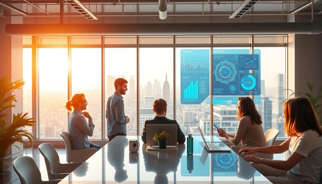 A modern and vibrant startup office, flooded with natural light from floor-to-ceiling windows. In the foreground, a diverse team of young professionals collaborating around a sleek, minimalist table, immersed in animated discussions. Holographic displays and AI-powered digital assistants seamlessly integrate into the workspace, showcasing the latest technological advancements. The middle ground features a wall-mounted display, visualizing intricate data analytics and AI-driven insights, informing the team's strategic decisions. In the background, a dynamic city skyline provides a sense of urban energy and progress, symbolizing the rapid growth and innovation of the startup ecosystem.