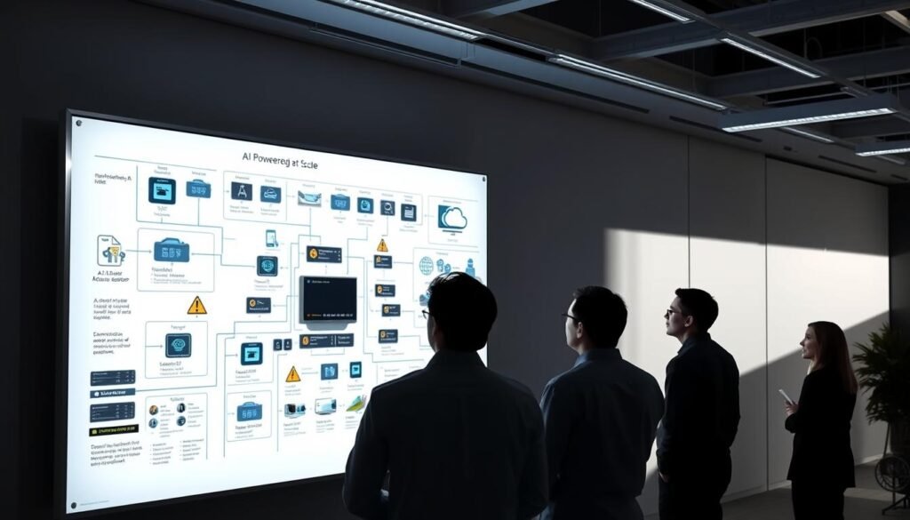 A sleek, minimalist office setting with a large whiteboard showcasing a sprawling AI-powered system architecture. In the foreground, a team of data scientists and engineers are deeply engaged in discussion, brows furrowed as they grapple with the complexities of deploying AI at scale. The middle ground features an array of cloud-connected devices and sensors, their status indicators flickering with warning signs, hinting at the hidden challenges of integrating disparate systems. The background is dimly lit, casting long shadows that suggest the looming presence of technical hurdles, cybersecurity threats, and regulatory constraints. The overall atmosphere conveys a sense of focus, determination, and the daunting, yet rewarding, task of overcoming the common pitfalls of AI implementation.