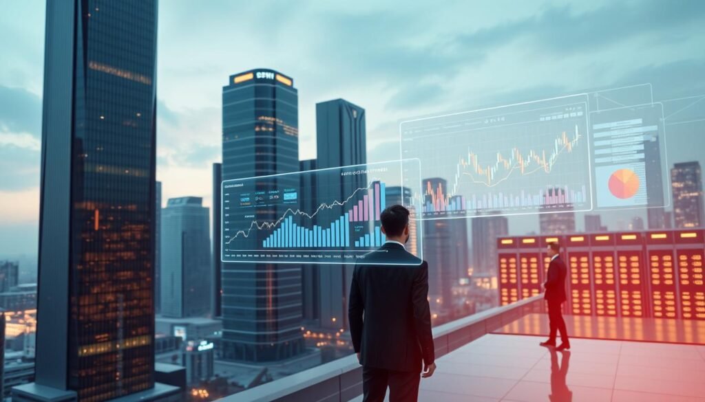 A sleek, futuristic cityscape with towering skyscrapers and gleaming glass facades. In the foreground, a dynamic data visualization displays intricate financial charts and graphs, illuminated by a warm, subdued lighting. Holographic displays and projection screens showcase AI-powered financial analytics and investment strategies. The middle ground features elegant, minimalist office spaces where professionals in tailored suits collaborate with intelligent digital assistants. In the background, a network of interconnected servers and data centers hum with the processing power that drives this financial revolution. The overall atmosphere conveys a sense of innovation, efficiency, and the seamless integration of human and artificial intelligence in the financial sector.