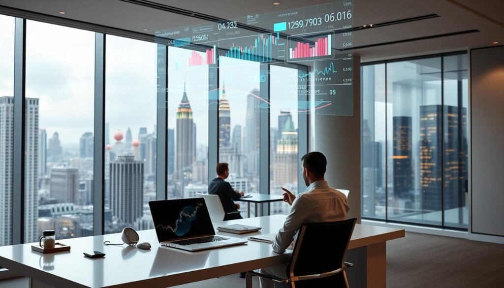 A sleek, minimalist office interior with large windows overlooking a bustling financial district skyline. In the foreground, a stylish desk with a laptop, tablet, and other state-of-the-art fintech devices. Above the desk, a holographic display projects colorful charts, graphs, and financial data. In the middle ground, a team of finance professionals collaborating around a conference table, deep in discussion. The lighting is soft and warm, creating a professional yet innovative atmosphere. In the background, towering skyscrapers and a vibrant cityscape, symbolizing the ever-evolving world of finance and investment banking, powered by the latest advancements in artificial intelligence.